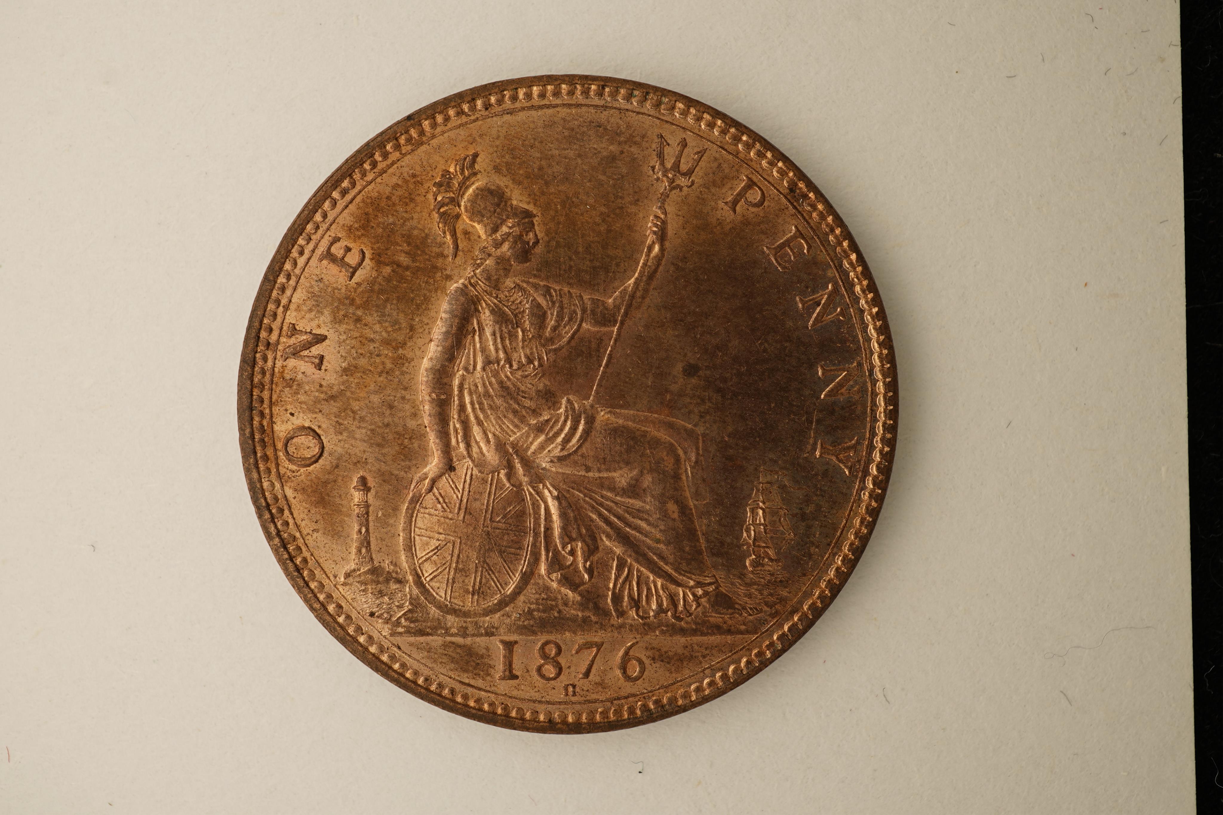 British coins, Victoria, three bronze pennies;, 1876, H below small date, Fr. 89, Gouby dies L/m, good EF, much lustre, 1877, Fr. 91, Gouby dies L/k, spotting and die clash to obv. otherwise crisply struck near UNC, much